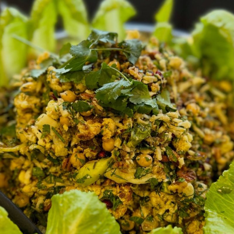 Roast cauliflower, chickpea and herb salad with cos leaves