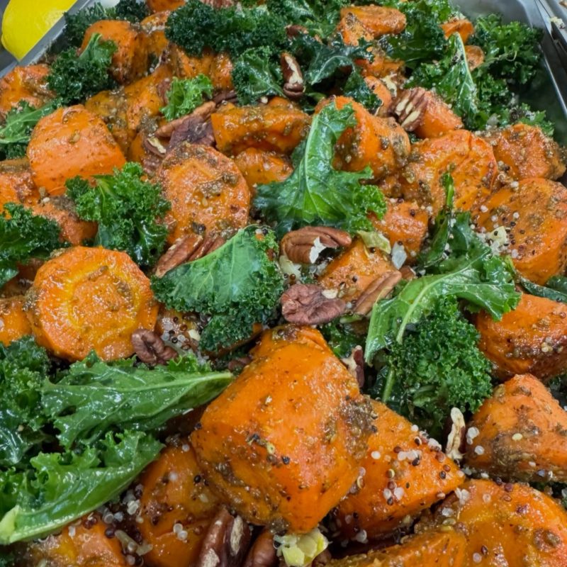 Roast sweet potato, kale, quinoa and pecan salad